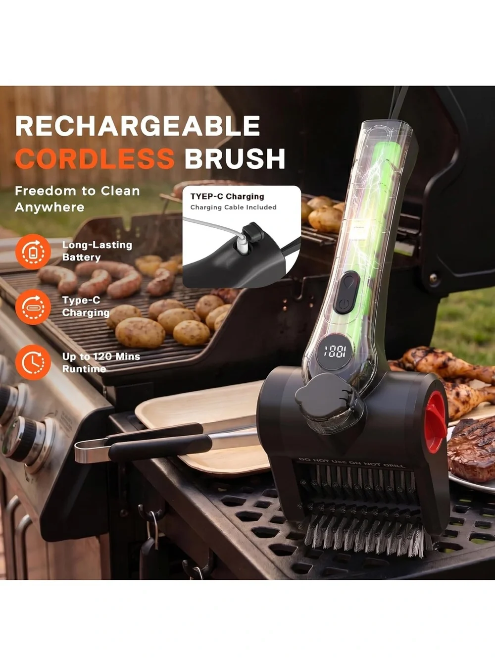 Electric grill brush 100W high power cordless BBQ cleaner with 300ml water spray